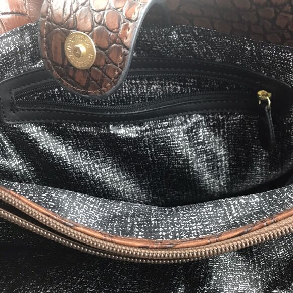 Faux Leather Tote Dark Green Brown Alligator Pattern Handbag Purse 2 Section - Picture 10 of 11